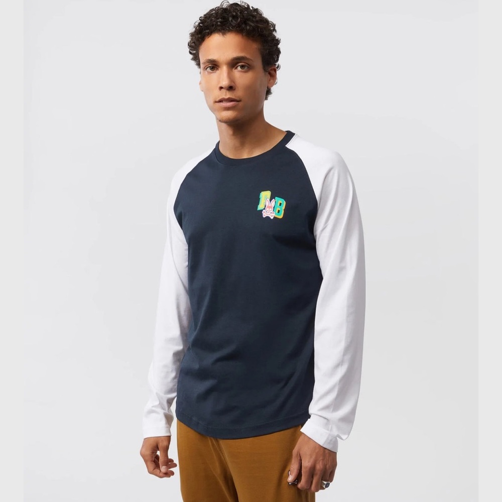 Psycho Bunny Mens Fulton Printed Long Sleeve T Shirt- Navy